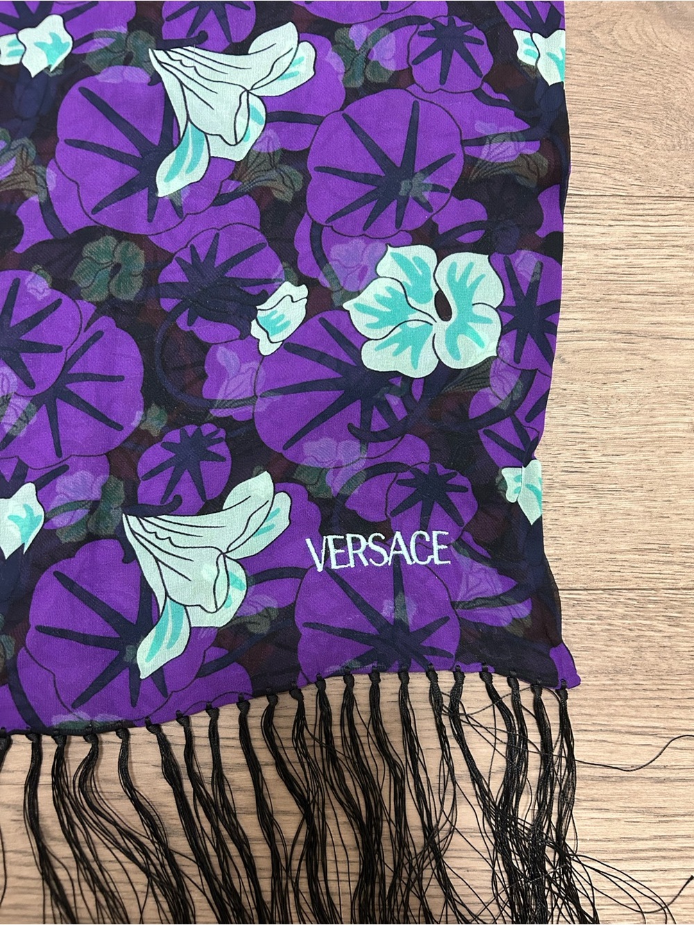 Versace Purple Floral Silk Scarf with green Accents